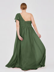 One FLUTTER SLEEVE Long Chiffon Dresses Olive Green