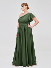 One FLUTTER SLEEVE Long Chiffon Dresses Olive Green