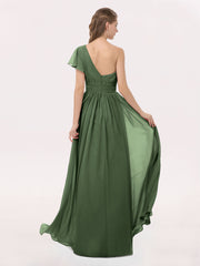 One FLUTTER SLEEVE Long Chiffon Dresses Olive Green