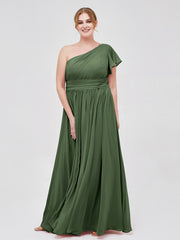 One FLUTTER SLEEVE Long Chiffon Dresses Olive Green