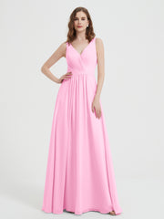 V-neck Chiffon Bridesmaid Dress with Bow Back Candy Pink