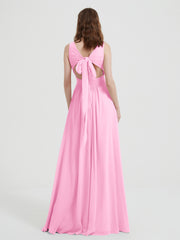 V-neck Chiffon Bridesmaid Dress with Bow Back Candy Pink