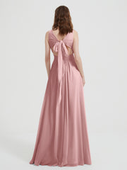 V-neck Chiffon Bridesmaid Dress with Bow Back Dusty Rose