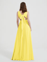 V-neck Chiffon Bridesmaid Dress with Bow Back Lemon