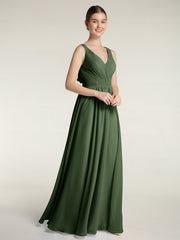 V-neck Chiffon Bridesmaid Dress with Bow Back Olive Green