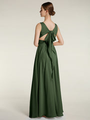V-neck Chiffon Bridesmaid Dress with Bow Back Olive Green