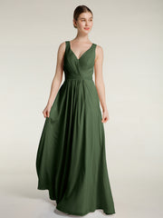 V-neck Chiffon Bridesmaid Dress with Bow Back Olive Green