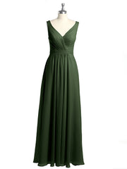 V-neck Chiffon Bridesmaid Dress with Bow Back Olive Green