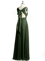 V-neck Chiffon Bridesmaid Dress with Bow Back Olive Green