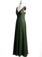 V-neck Chiffon Bridesmaid Dress with Bow Back Olive Green