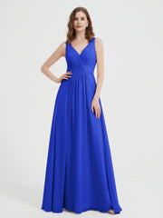 V-neck Chiffon Bridesmaid Dress with Bow Back Royal Blue