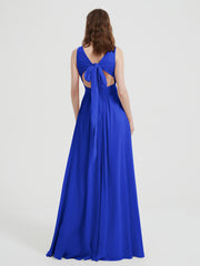 V-neck Chiffon Bridesmaid Dress with Bow Back Royal Blue
