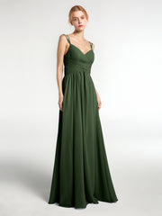 Double Straps Chiffon Long Bridesmaid Dress Olive Green
