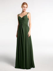 Double Straps Chiffon Long Bridesmaid Dress Olive Green