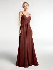 Double Straps Chiffon Long Bridesmaid Dress Terracotta