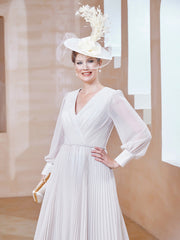 A-line V-Neck Long Sleeve Chiffon Dress Ivory