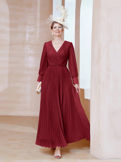 A-line V-Neck Long Sleeve Chiffon Dress Burgundy