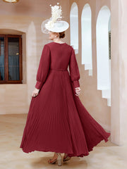 A-line V-Neck Long Sleeve Chiffon Dress Burgundy