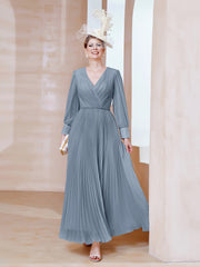 A-line V-Neck Long Sleeve Chiffon Dress Dusty Blue Plus Size