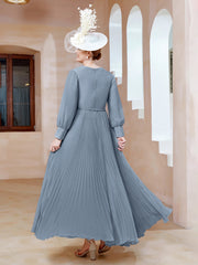 A-line V-Neck Long Sleeve Chiffon Dress Dusty Blue Plus Size