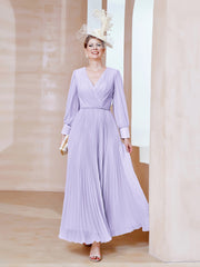 A-line V-Neck Long Sleeve Chiffon Dress Lilac