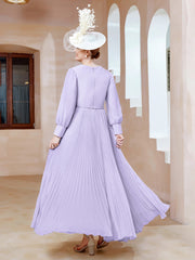 A-line V-Neck Long Sleeve Chiffon Dress Lilac