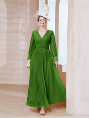 A-line V-Neck Long Sleeve Chiffon Dress Moss Plus Size