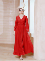 A-line V-Neck Long Sleeve Chiffon Dress Red Plus Size