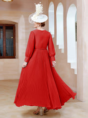 A-line V-Neck Long Sleeve Chiffon Dress Red Plus Size