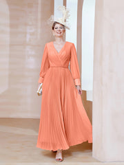 A-line V-Neck Long Sleeve Chiffon Dress Sunset Plus Size