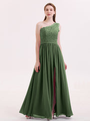 Lace Top Chiffon Skirt Dresses with Slit Olive Green