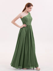 Lace Top Chiffon Skirt Dresses with Slit Olive Green