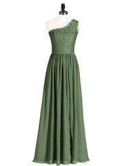 Lace Top Chiffon Skirt Dresses with Slit Olive Green