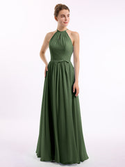 Halter Chiffon Gown Triangular Open Back Olive Green