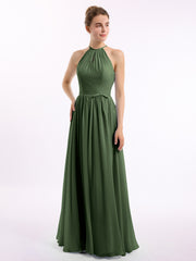 Halter Chiffon Gown Triangular Open Back Olive Green