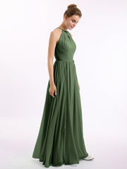 Halter Chiffon Gown Triangular Open Back Olive Green