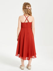 Tea Length Junior Bridesmaid Dresses with Asymmetrical Skirts Rust