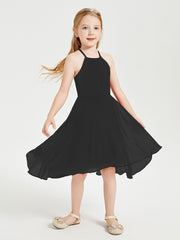 Tea Length Junior Bridesmaid Dresses with Asymmetrical Skirts Black