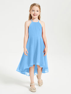 Tea Length Junior Bridesmaid Dresses with Asymmetrical Skirts Blue