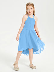 Tea Length Junior Bridesmaid Dresses with Asymmetrical Skirts Blue