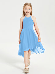 Tea Length Junior Bridesmaid Dresses with Asymmetrical Skirts Blue