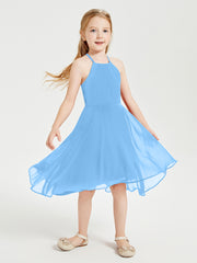 Tea Length Junior Bridesmaid Dresses with Asymmetrical Skirts Blue