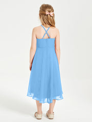 Tea Length Junior Bridesmaid Dresses with Asymmetrical Skirts Blue