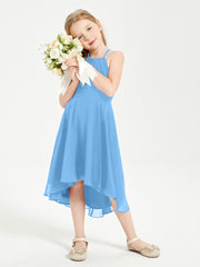 Tea Length Junior Bridesmaid Dresses with Asymmetrical Skirts Blue