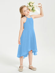 Tea Length Junior Bridesmaid Dresses with Asymmetrical Skirts Blue