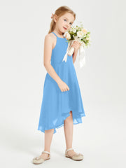 Tea Length Junior Bridesmaid Dresses with Asymmetrical Skirts Blue