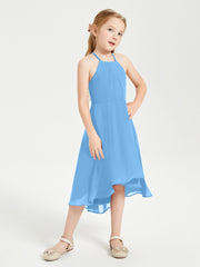 Tea Length Junior Bridesmaid Dresses with Asymmetrical Skirts Blue