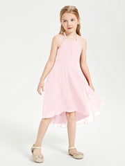 Tea Length Junior Bridesmaid Dresses with Asymmetrical Skirts Blushing Pink