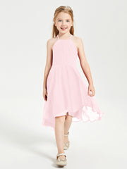 Tea Length Junior Bridesmaid Dresses with Asymmetrical Skirts Blushing Pink