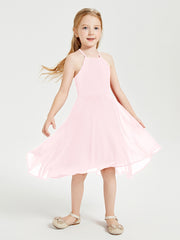 Tea Length Junior Bridesmaid Dresses with Asymmetrical Skirts Blushing Pink